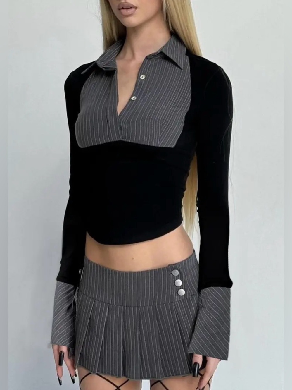 NWOT I.AM.GIA Sharah Viral Office Siren Black Contrast Pinstripe Long Sleeve
